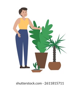 Young woman taking care of potted house plants vector illustration
