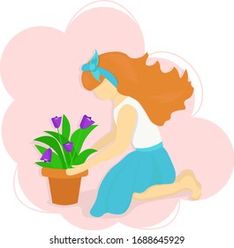 Young woman taking care of red tulips in flower pot. Female character enjoying her hobby. Concept spring gardening work. Illustration in flat style. 