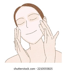 Young woman taking care of skin, applying cream on face, face cleansing, masking. Hand drawn flat vector illustration in colored pencil texture.