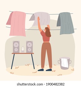 Young woman taking clothes from bucket  hanging wet clothes out to dry concept vector flat illustration
