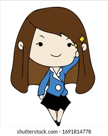 Young woman in taking command. Blue formal suit work clothes. Cartoon chibi character vector.
