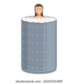 Young woman is taking a cryotherapy session, standing in a cryotherapy machine