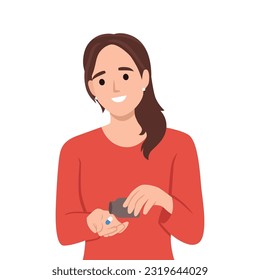 Mujer joven tomando píldoras de drogas. Ilustración vectorial plana aislada en fondo blanco