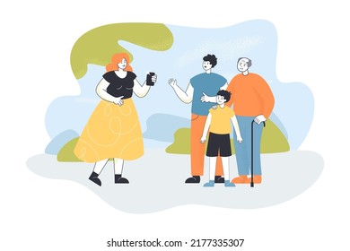 Young woman taking family photo of old father, husband and son. Girl holding phone to photograph flat vector illustration. Generation, album concept for banner, website design or landing web page