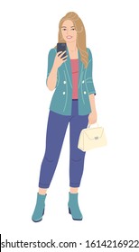 Young woman taking mirror selfie photo on smartphone. Girl in trendy clothes holding mobile phone isolated on white. Simple female character in flat style vector illustration.