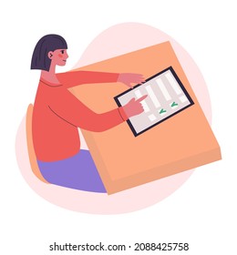 Young Woman Taking Online Theory Exam At Driving School Touching Finger To Screen Version Of The Questionnaire. Quiz On Mobile Device. Vector Flat Illustration. Survey On Internet. E-education.