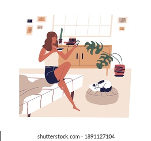 Young woman taking photo of cute sleeping cat. Female character using smartphone in cozy bedroom. Scene of everyday life, morning routine, rest at home with pet. Flat vector cartoon illustration