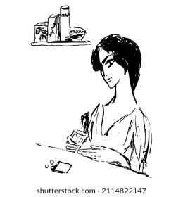 Young woman taking pills. Pretty lady sitting at the table with her medicine and glass of water. Hand drawn sketch. Black and white silhouette.