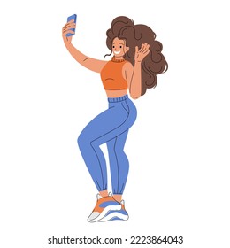 Young woman taking a selfie. The girl stretched out her hand and holds the phone in it, the other hand is raised and the palm is open. Trendy flat vector illustration isolated on white background