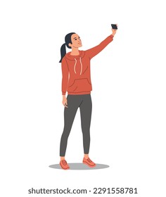 Young woman taking selfie isolated. Vector cartoon flat style illustration