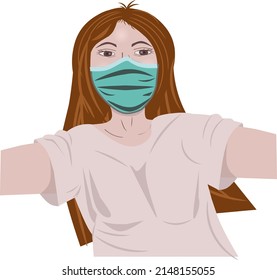 A young woman taking a selfie with mask on. Covid flu prevention. Cartoon vector illustration.