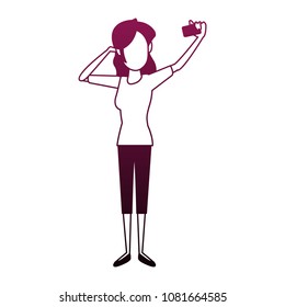 Young woman taking selfie on purple lines