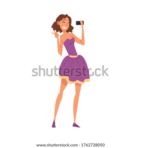 Young Woman Taking Selfie Photo, Girl Wearing Short Purple Dress Photographing Herself with Smartphone Cartoon Vector Illustration