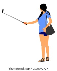 Young woman taking selfie picture vector illustration isolated on white background. Handsome girl hand hold stick with mobile phone. Selfie teenager tourist taking pictures. Traveler memories saving. 