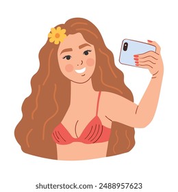 Young woman taking selfie with smartphone. Vector illustration in cartoon style.