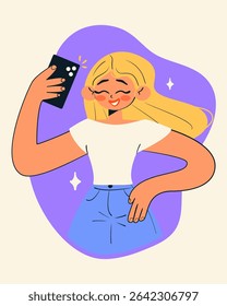 Young woman taking a selfie with smartphone. Blogger shoots selfie. Perfect for lifestyle, fashion, or social media. Doodle style isolated vector illustration