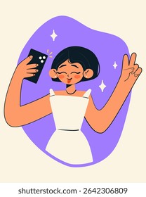 Young woman taking a selfie with smartphone. Blogger shoots selfie. She is smiling and confident. Perfect for lifestyle, fashion, or social media. Doodle style isolated vector illustration