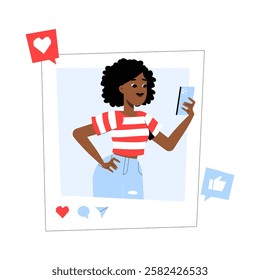 Young Woman Taking Selfie In Social Media Post Frame In Flat Vector Illustration Symbolizing Online Presence, Digital Engagement, And Social Media Influence, Isolated On White Background.