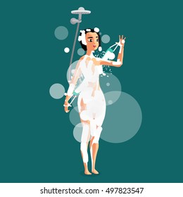 Young woman taking a shower. Vector flat cartoon illustration