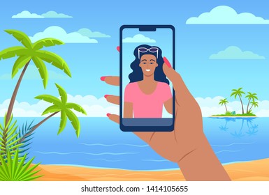 Young woman taking summer picture with mobile phone vector illustration