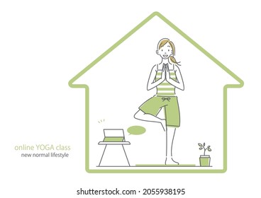 young woman taking yoga class online