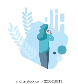  young woman talk on cellphone feel bored by online communication, smartphone conversation or call. Flat vector illustration.