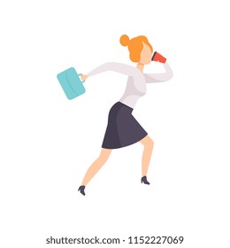 Young woman talking by phone while running to work, businesswoman character is late for work vector Illustration on a white background