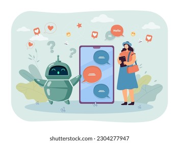 Mujer joven hablando con chábot de ilustración vectorial. Smartphone con aplicación de mensajería de texto para asistencia virtual. Comunicación en línea, inteligencia artificial, concepto de medios sociales