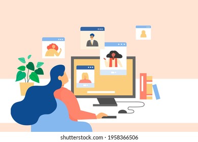 Young Woman Talking To Colleagues Using A Video Call. Concept Of Online Conference From Home. Remote Wfh During Quarantine In Flat Style Illustration