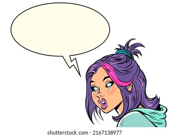 Young woman talking, communication dialogue comic bubble. Pop art style