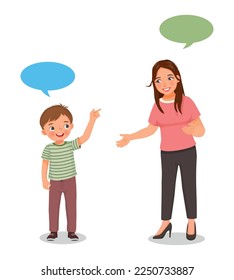 Young woman talking to cute little boy having conversation asking for direction  with speech bubbles