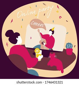 Young woman talking to friends online. Date on Internet. Online party, family event. Doodle flat vector illustration