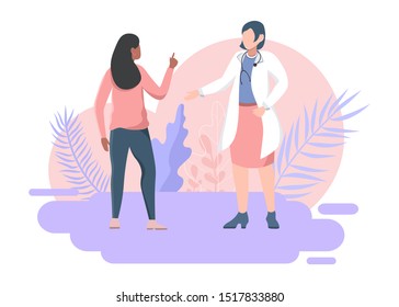 Young woman talking to gynecologist. Ask the doctor. Women's consultation. Medical worker illustration concept.