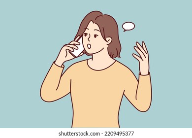 Young woman talking on cellphone shocked with unexpected news. Female have smartphone call surprised with message. Vector illustration. 