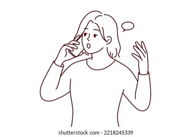 Young woman talking on cellphone shocked with unexpected news. Female have smartphone call surprised with message. Vector illustration.