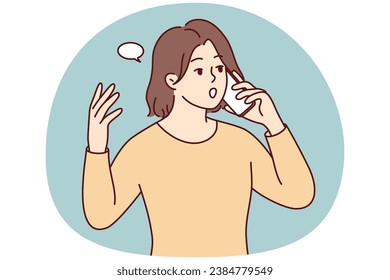 Young woman talking on cellphone shocked with unexpected news. Female have smartphone call surprised with message. Vector illustration.