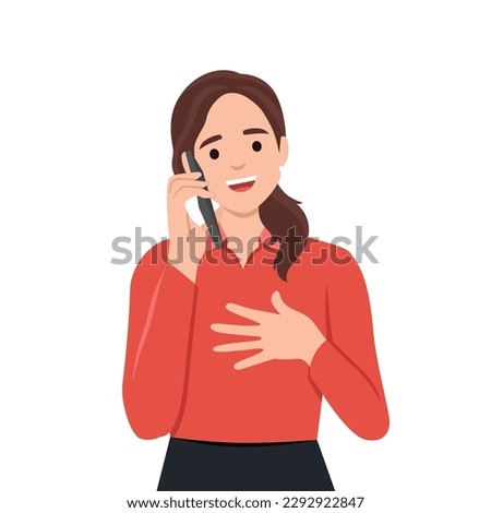 Young woman talking on cellphone vector illustration. Young woman communicates via phone call. Lady with electronic device near smartphone screen interface. Conversation. Flat vector illustration isol