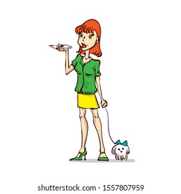 A young woman is talking on the phone in the street. Walk with a little dog.