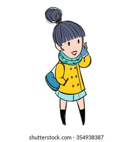 Young woman talking on the phone smiling; cartoon.