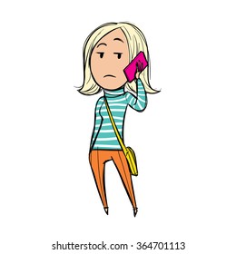 Young woman talking on the phone looking bored and skeptical, not interested in what she hears, hand in her pocket, cartoon