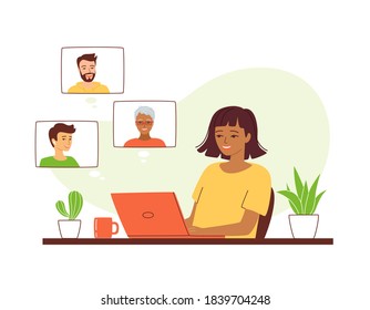 Young woman is talking on a video call with friends, colleagues, family. Concept online conference, e-learning, communication, remote work from home. Diverse multinational group. Vector illustration