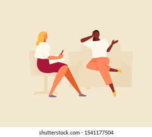 Young woman talking with a psychologist. Psychological counseling and therapy. Vector flat illustration.