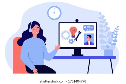 Young woman talking with service assistant online. Computer, distance, chat flat vector illustration. Isolation and digital technology concept for banner, website design or landing web page