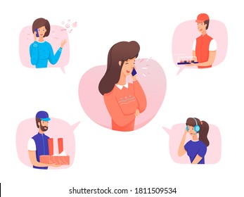 Young woman talking with support service and friend. Girl order shoes in online shop, sushi on internet fast food restaurant, customer hotline support call center. Vector people in speech bubble