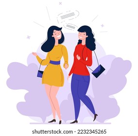 Young woman talking together facing each other vector illustration. Female friends character walking and communicating. Two pretty fashion girl meeting and speaking having informal conversation