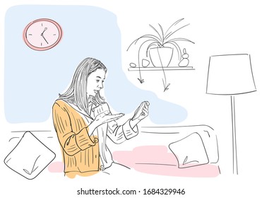 Young woman talking video call on smartphone, sitting on sofa in comfortable home atmosphere, self isolation at coronavirus quarantine time, Hand drawn illustration Vector sketch