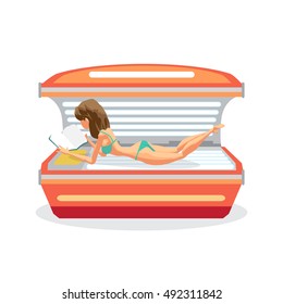 Young woman tanning in solarium and reading a book. Vector flat cartoon illustration isolated on a white background