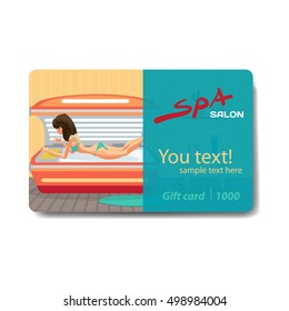 Young woman tanning in solarium. Sale discount gift card. Branding design for spa salon or beauty parlor