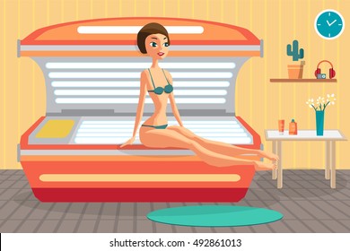 Young woman tanning in solarium in spa salon. Vector flat cartoon illustration isolated on a white background