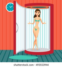 Young woman tanning in vertical solarium in spa salon. Vector flat cartoon illustration 